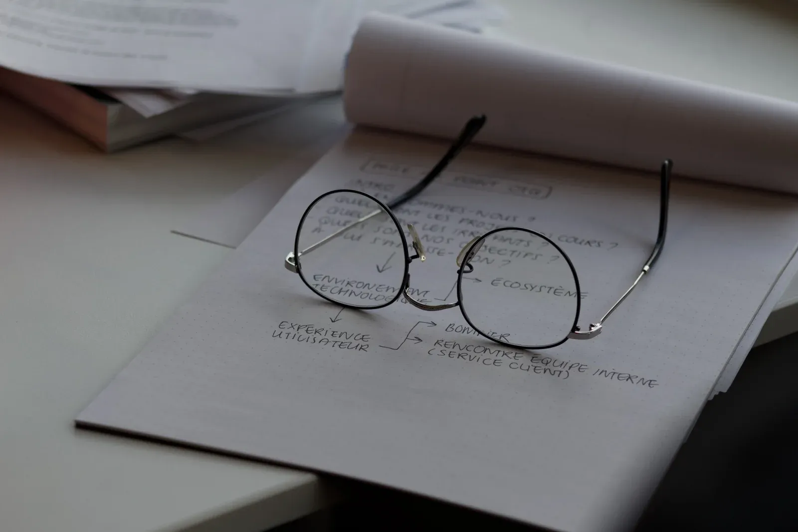 Glasses resting on handwritten paperwork
