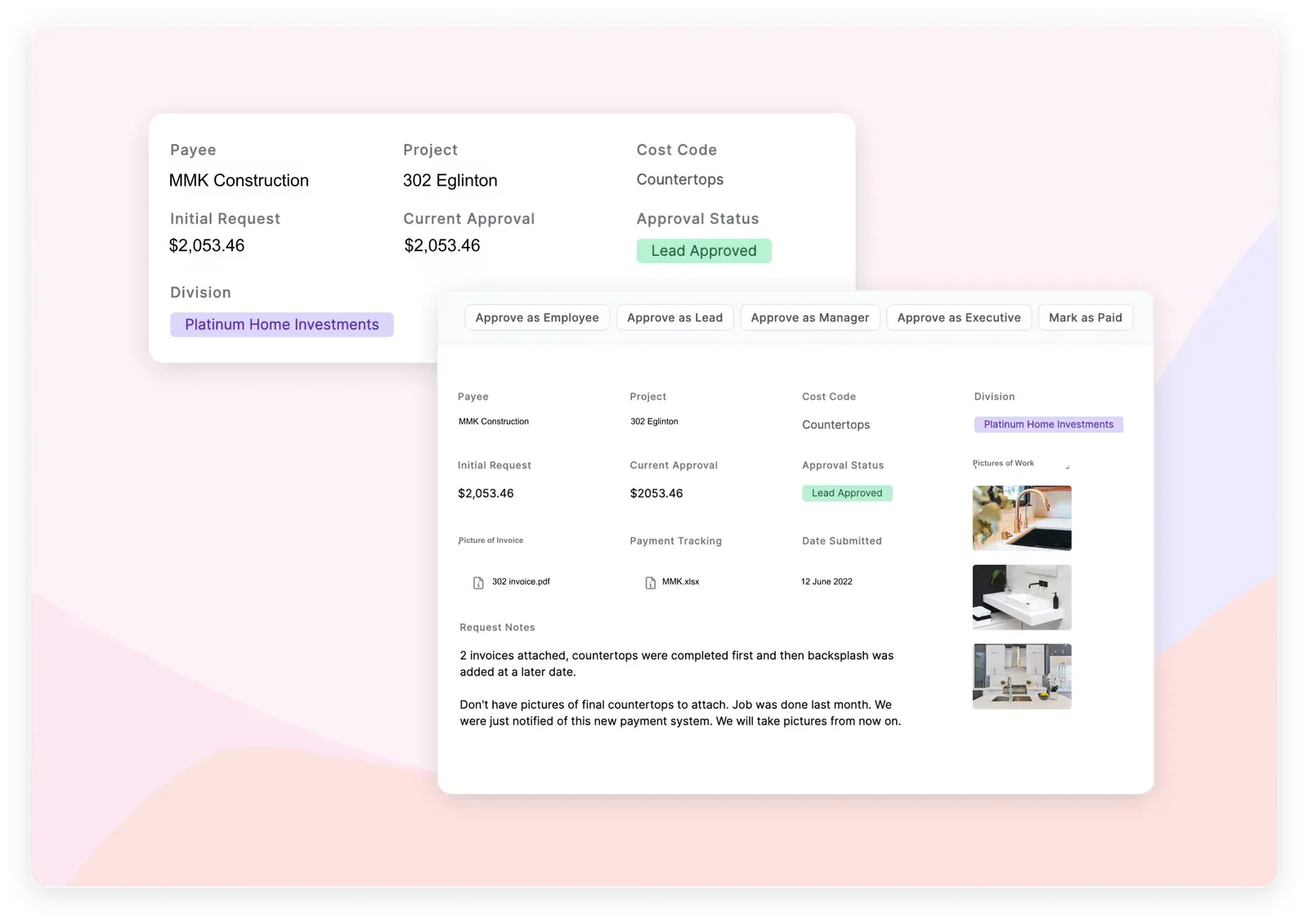 A payment request in Fergmar’s Noloco app, with approval buttons for each role