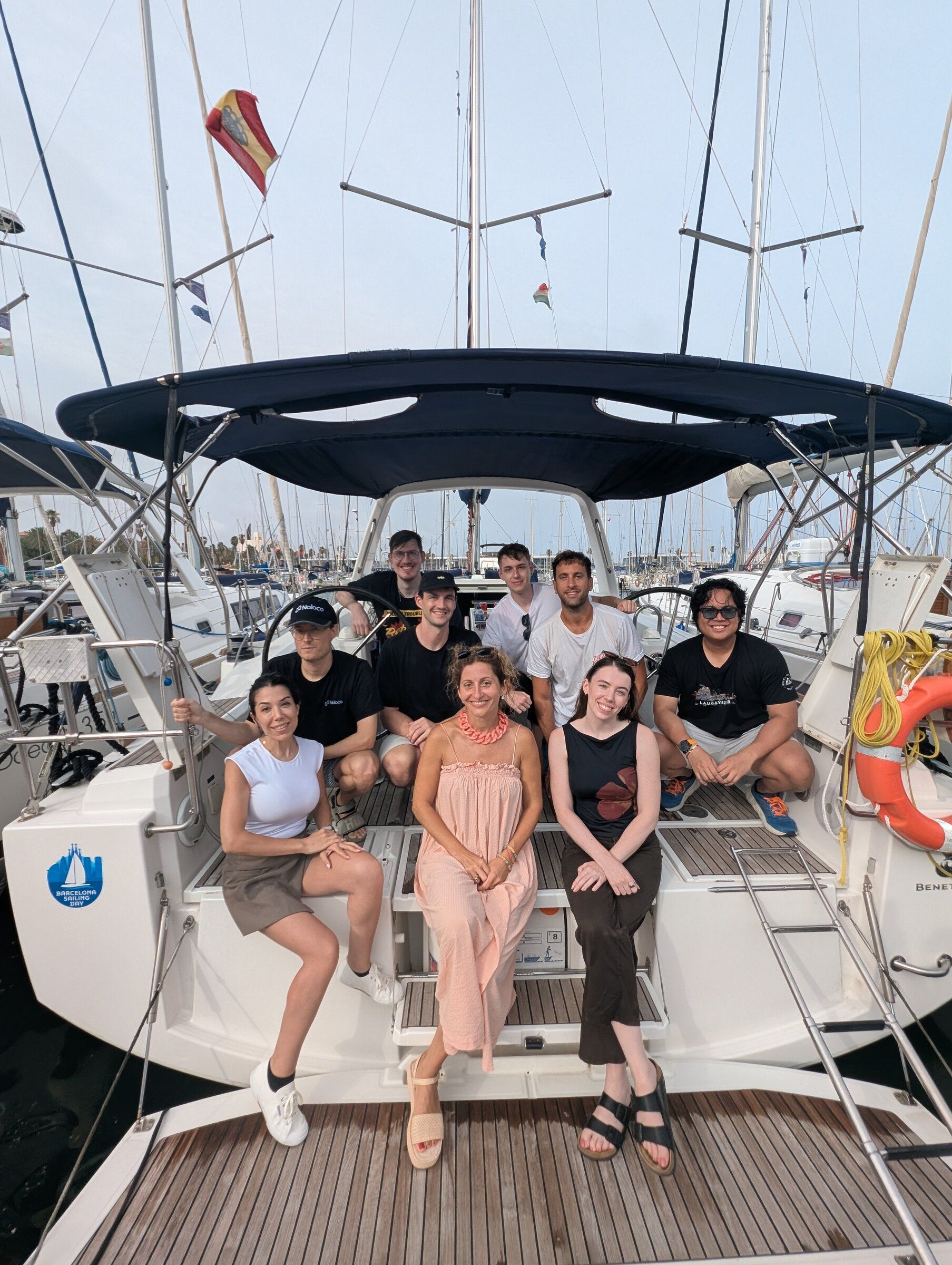 The Noloco team together on a sailing boat in Barcelona