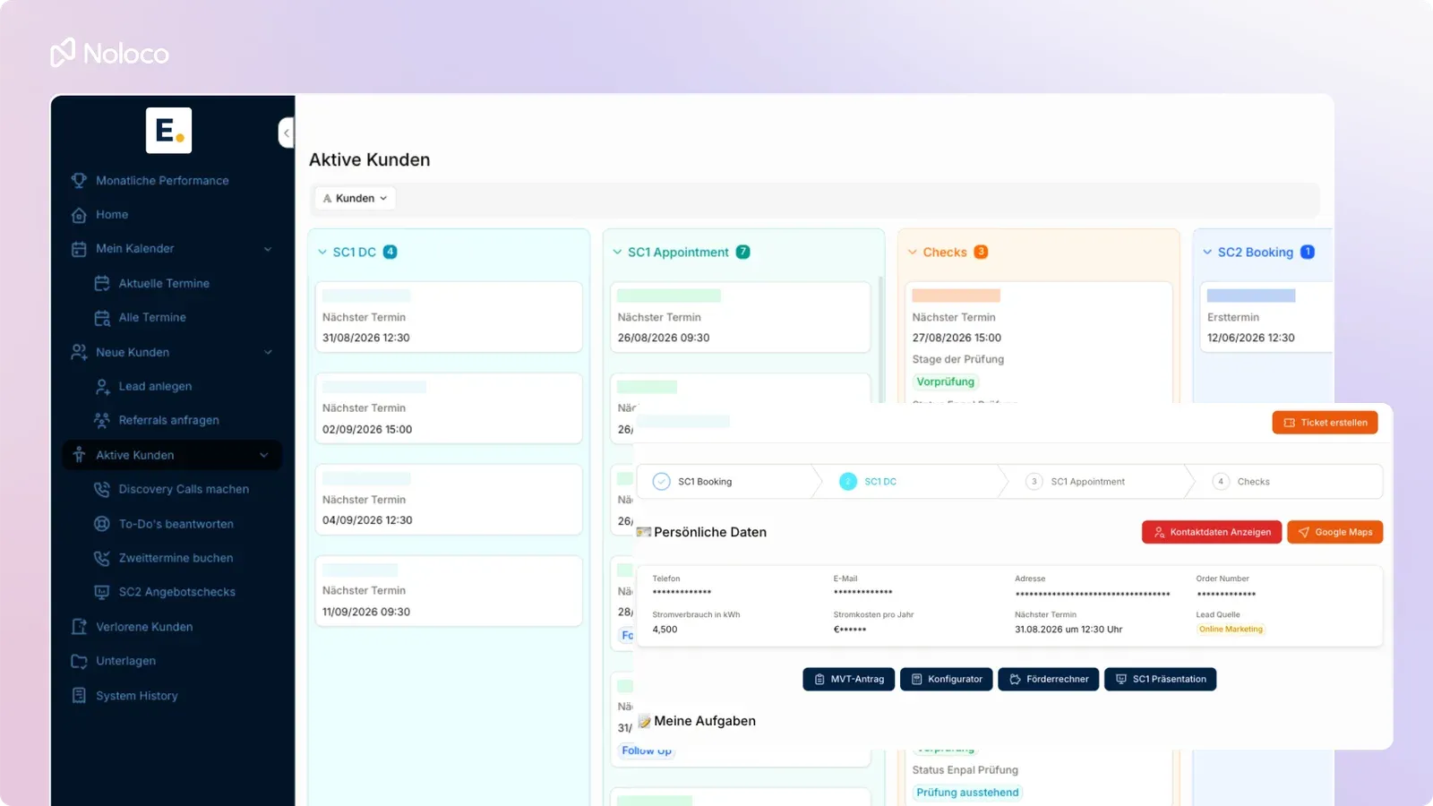 Enpal’s field sales portal in Noloco, with active customers grouped by stage
