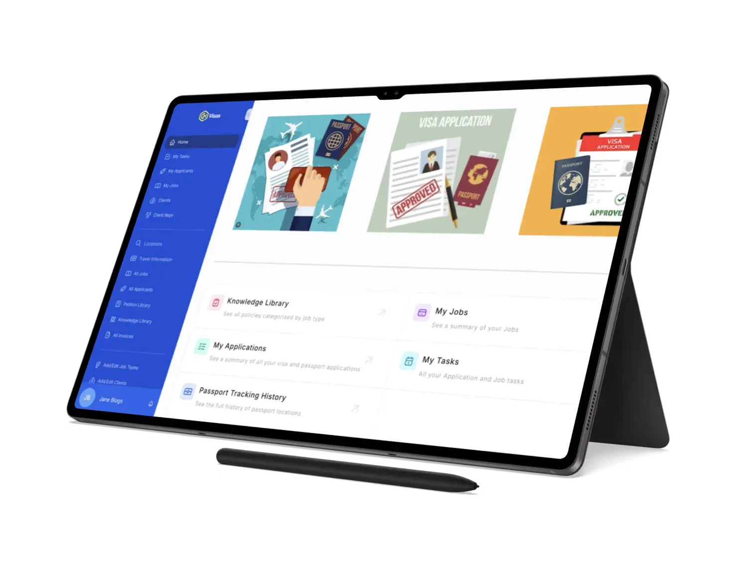 OH-Visas’ Noloco app on a tablet, with links to the knowledge library, applications, jobs and tasks