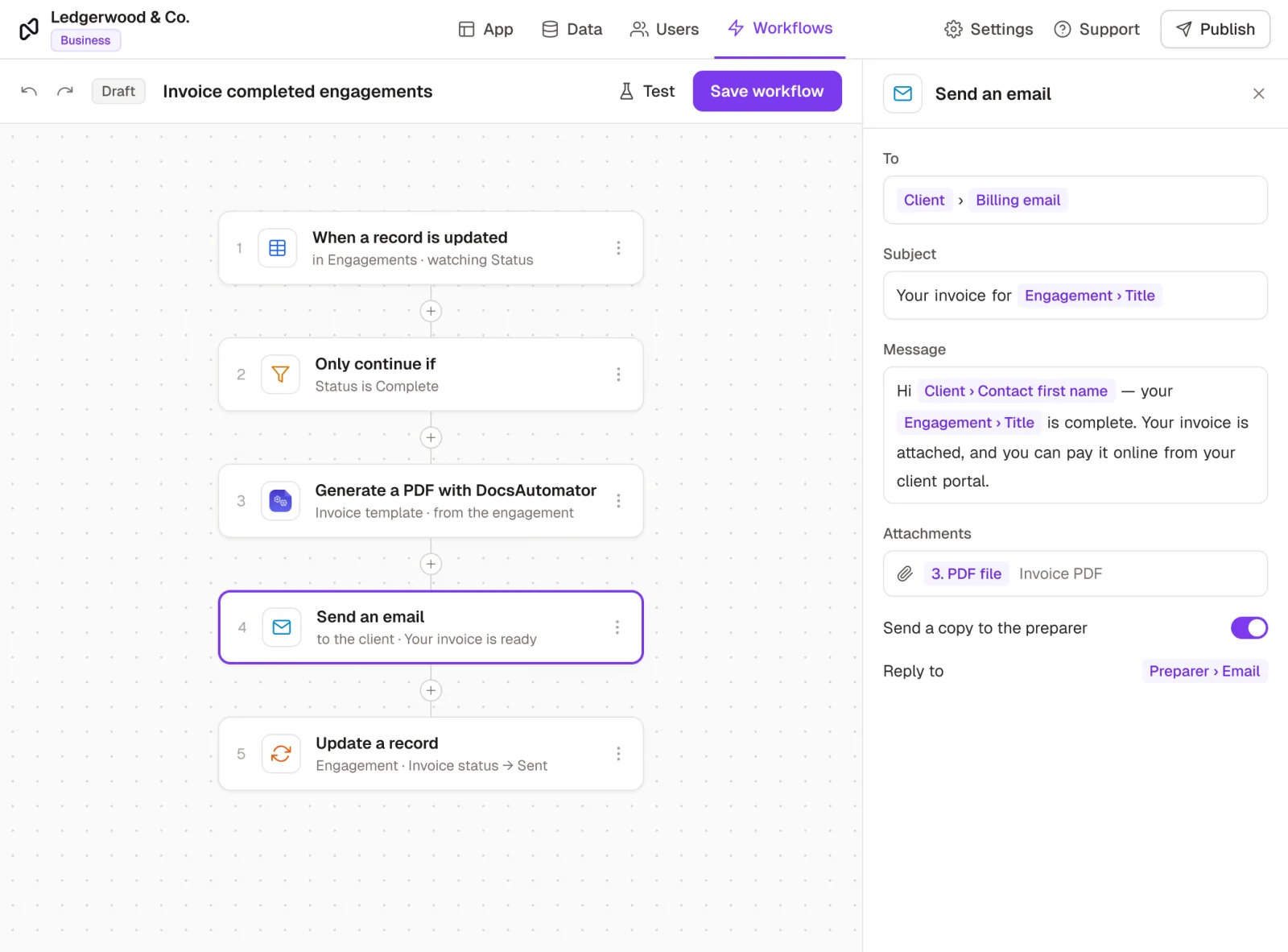 A Noloco workflow that invoices completed engagements: when an engagement is marked Complete, generate the invoice PDF with DocsAutomator, email it to the client and set the invoice status to Sent