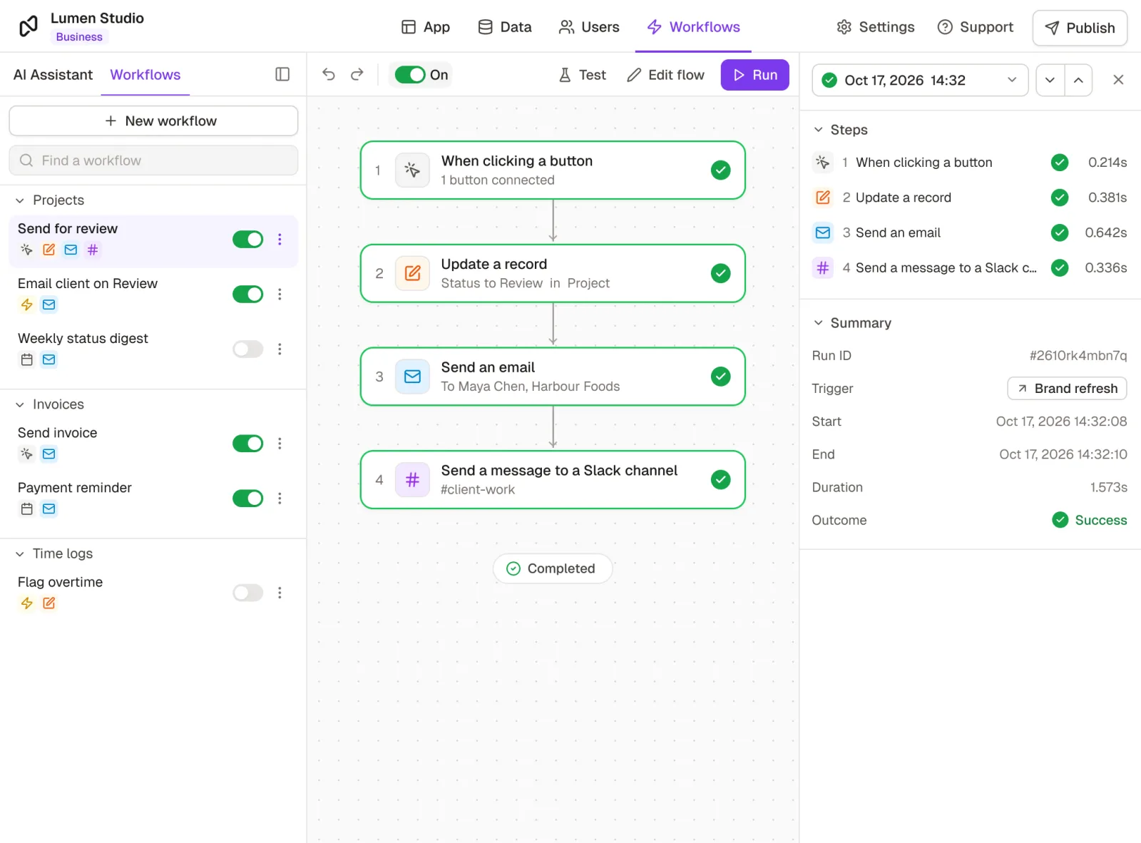 The Noloco workflow builder showing a successful run of the Send for review workflow, triggered by clicking a button: it updates the project's status to Review, emails Maya Chen at Harbour Foods and posts to the #client-work Slack channel, with each step's timing in the run panel