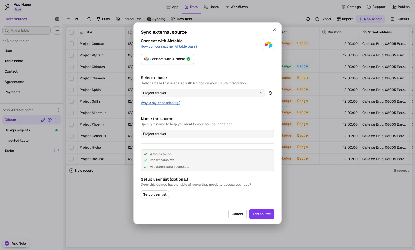 The Data tab in Noloco with the "Sync external source" dialog open: connected with Airtable, a base selected, and four tables found, imported and customized by AI. Behind it, the synced Airtable tables in the data sources list.