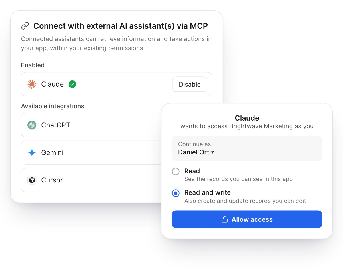 The Connect AI Assistant window, with Claude enabled and ChatGPT, Gemini and Cursor available, beside the sign-in screen where Claude asks to access Brightwave Marketing as the user, with Read and write selected