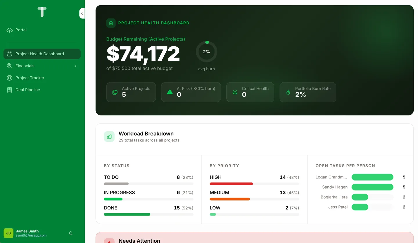 A project health dashboard with remaining budget, at-risk projects and a workload breakdown by status, priority and person