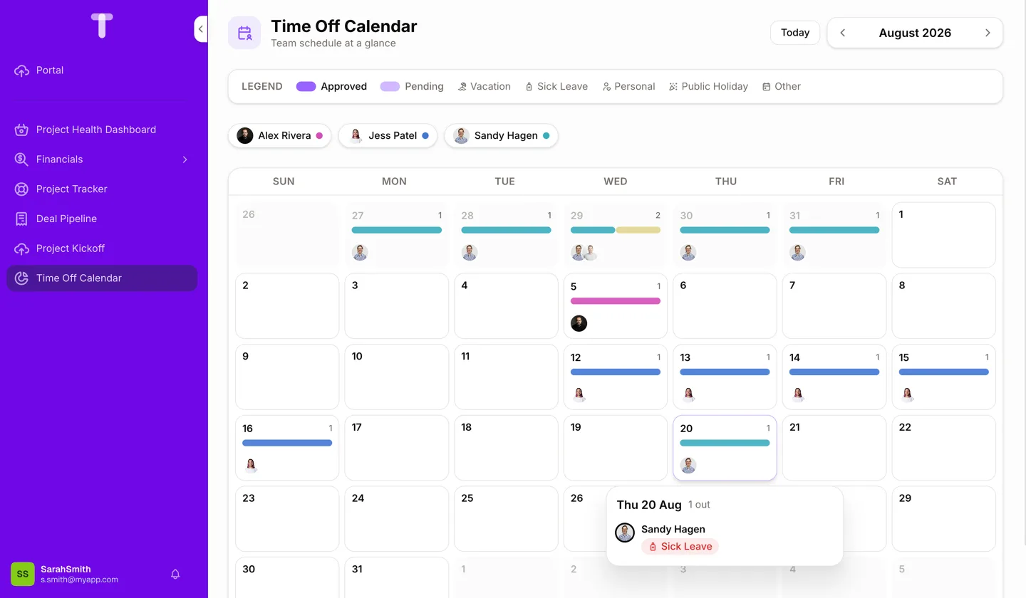 A team time-off calendar Canvas with approved and pending leave
