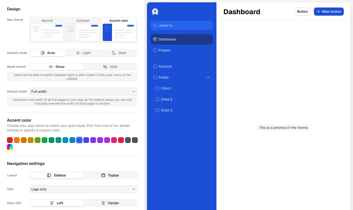 Noloco's Layout and design settings: the accent color nav theme and a blue accent color, with a preview of the app's sidebar in that color