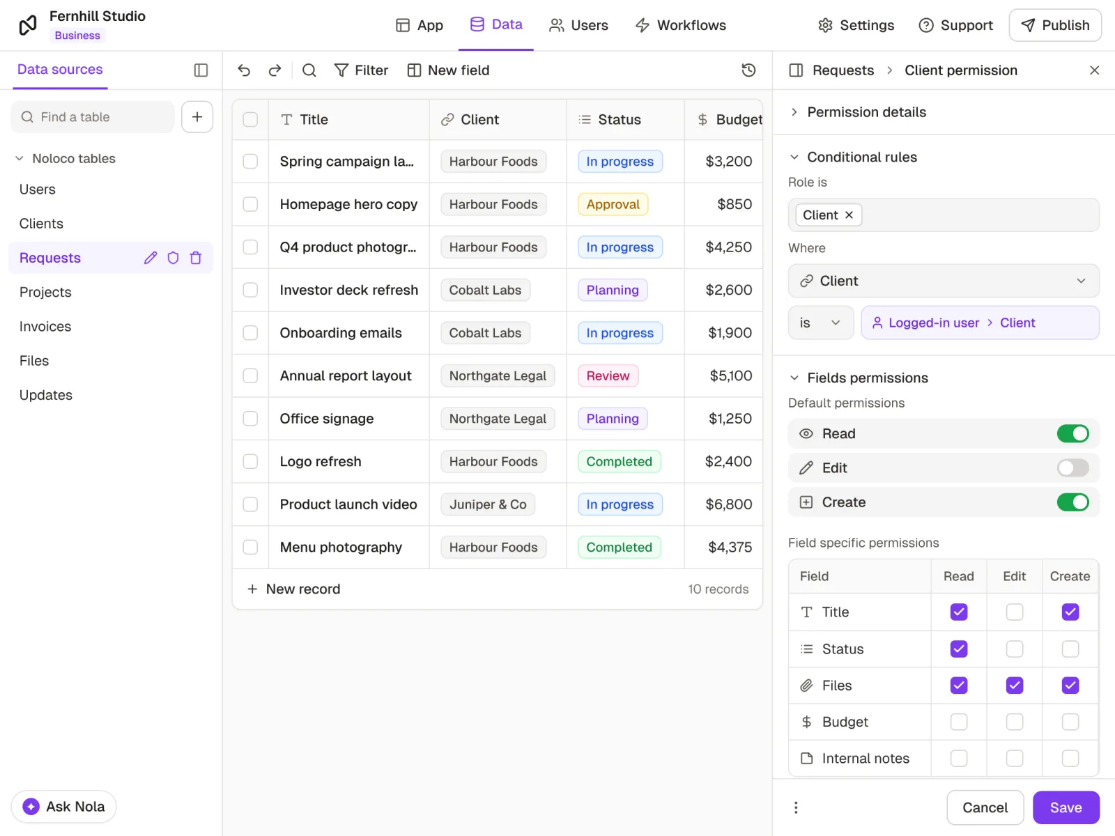 A Client permission on the Requests table in Noloco: clients see only requests where Client is the logged-in user's company, can read but not edit, and can't see the Budget or Internal notes fields