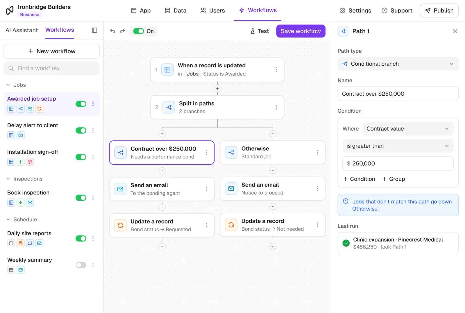 Noloco's workflow builder: when a job moves to Awarded, it splits into two paths. Contracts over $250,000 email the bonding agent and set the bond status to Requested; other jobs send the client the notice to proceed.