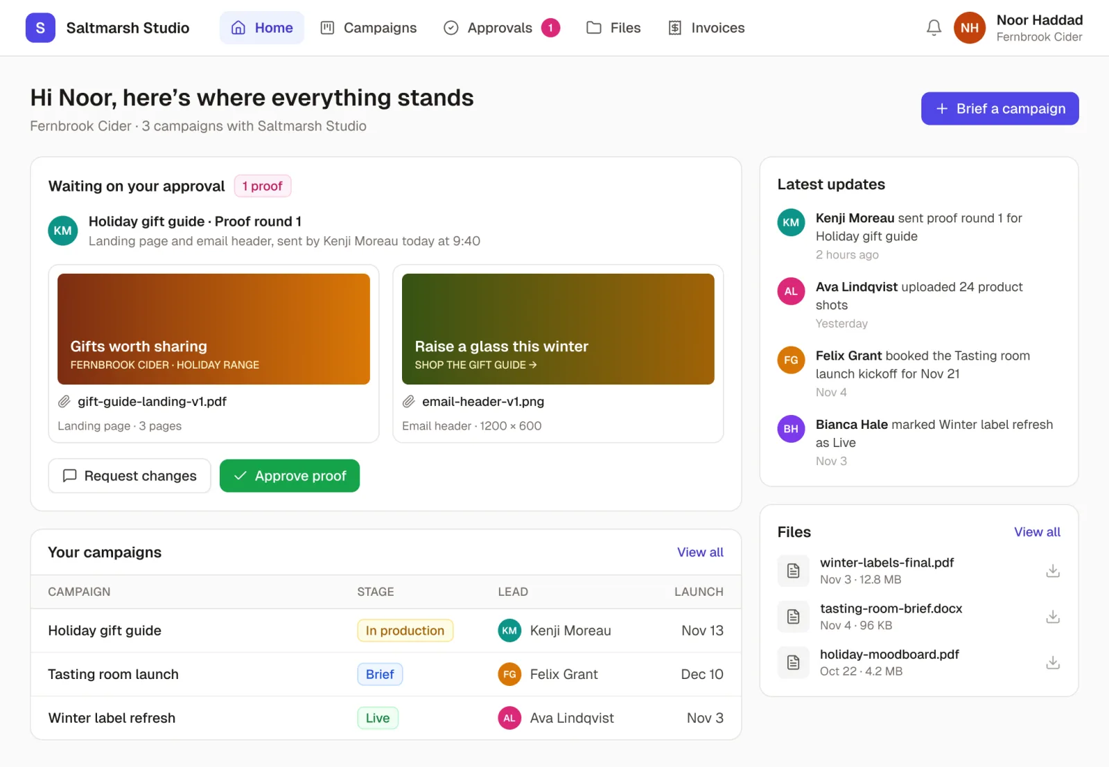 A client portal built with Noloco, as Fernbrook Cider sees it: a proof waiting for their approval with Approve and Request changes buttons, their campaigns and stages, the latest updates from the agency team, and their files.