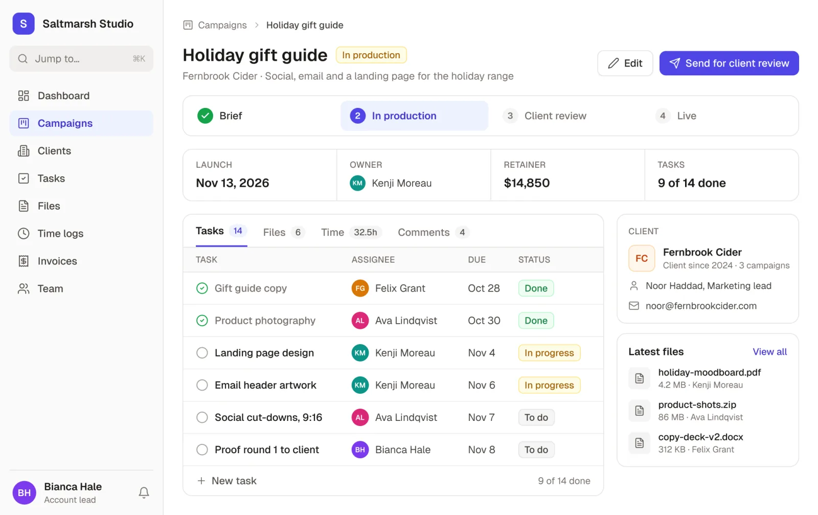 A campaign page in an agency app built with Noloco: Holiday gift guide for Fernbrook Cider at the In production stage, with its launch date, owner and retainer, the campaign's tasks by assignee, due date and status, the client contact and the latest files.