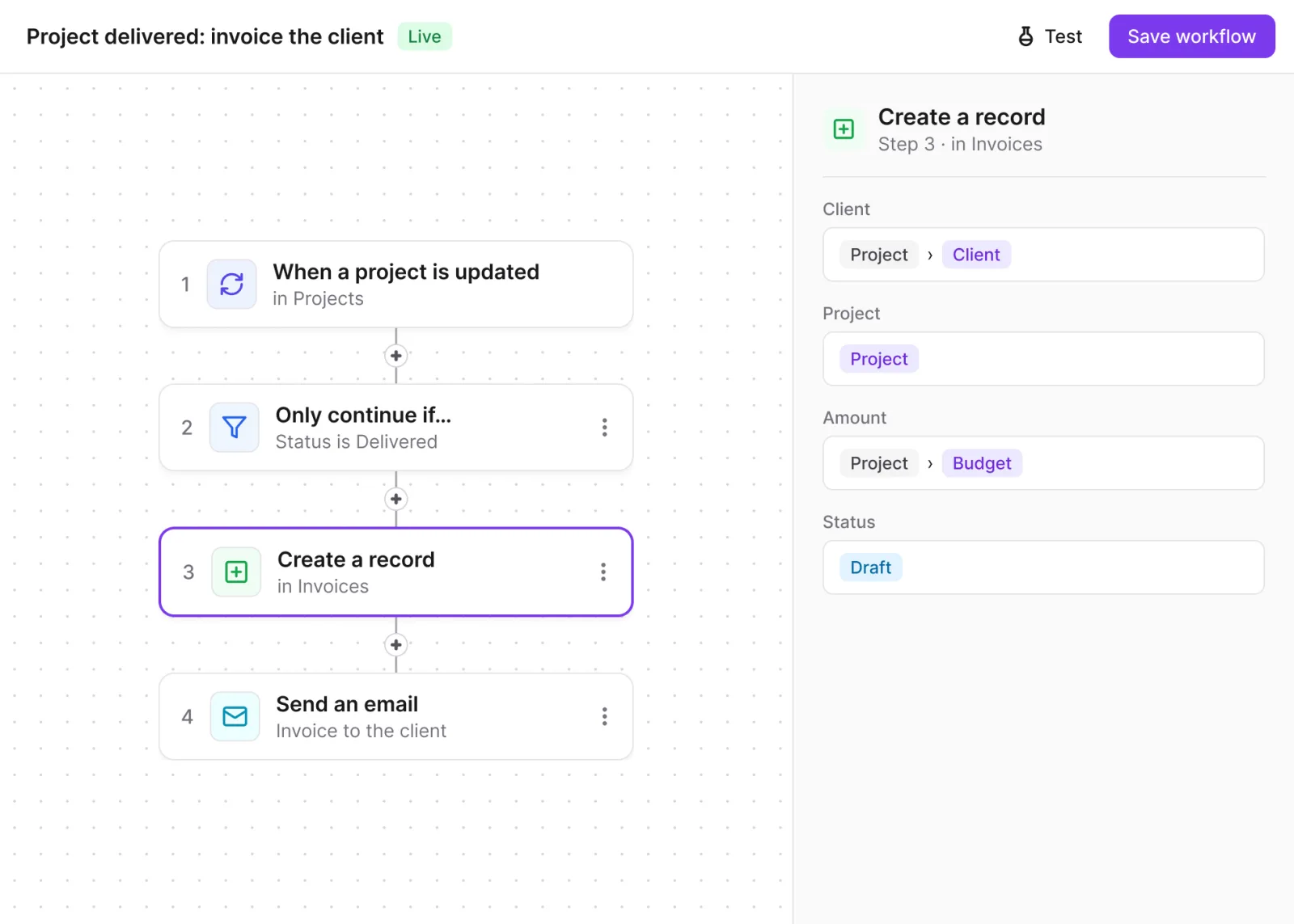A Noloco workflow: when a project is marked Delivered, create an invoice for its client from the project budget, then email it to the client.