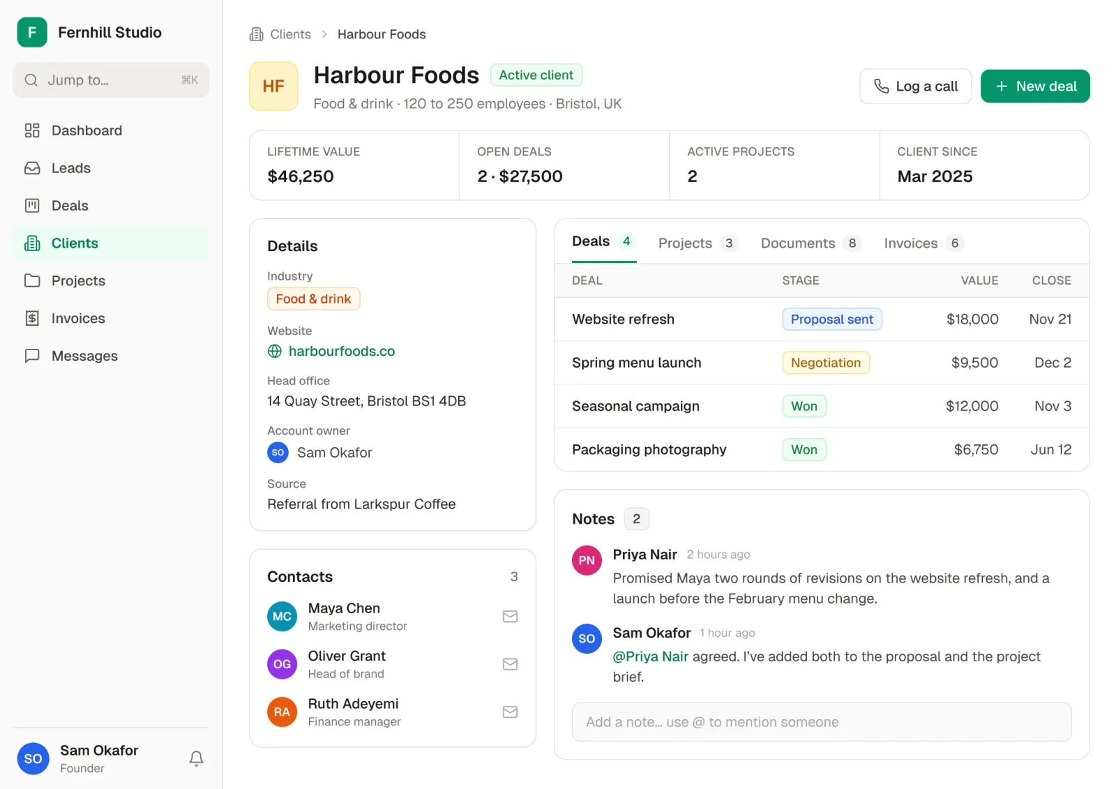 A client record in a Noloco CRM: Harbour Foods with lifetime value, open deals and active projects, company details, contacts, the client's deals by stage and value, and the team's notes on what was promised.