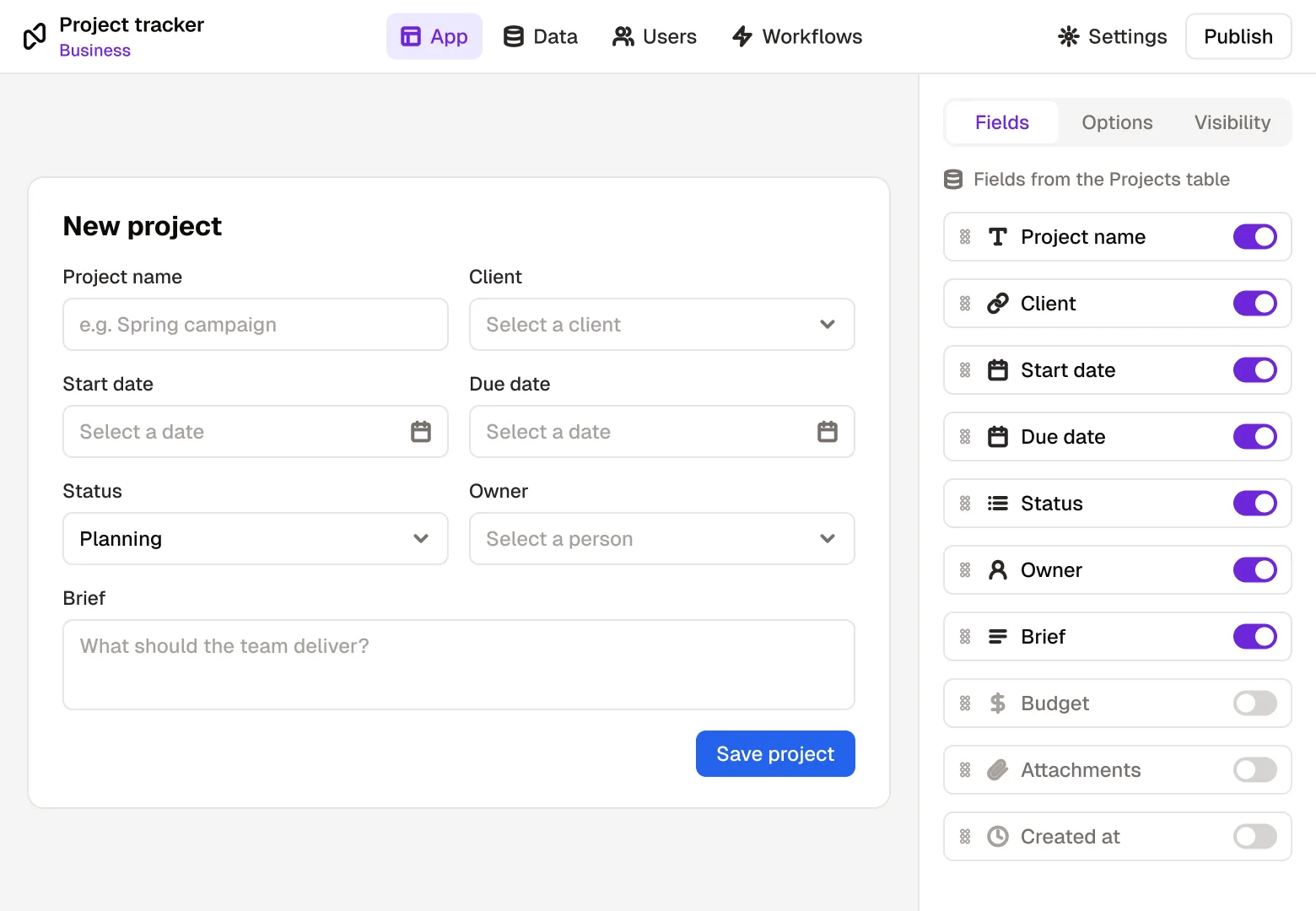 The New project form in the Noloco builder, made from the Projects table, with a toggle for each field: name, client, dates, status, owner and brief on, budget, attachments and created at off