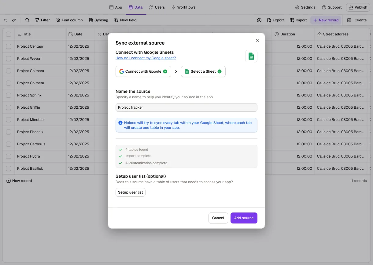 The Data tab in Noloco with the "Sync external source" dialog open: connected with Google and a sheet selected, with every tab syncing as its own table, and four tables found, imported and customized by AI.
