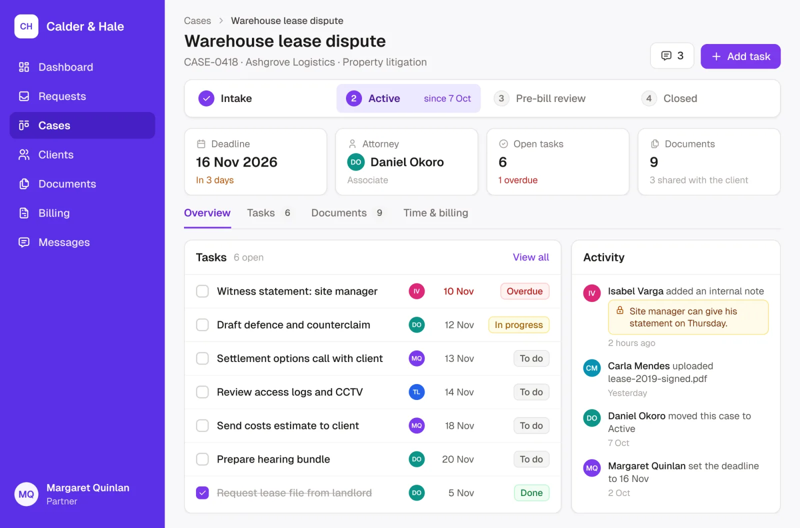 A case record in Calder & Hale's Noloco app: a warehouse lease dispute at the Active stage, with its deadline, attorney and open tasks, a task list with assignees and due dates, and recent activity including an internal note.