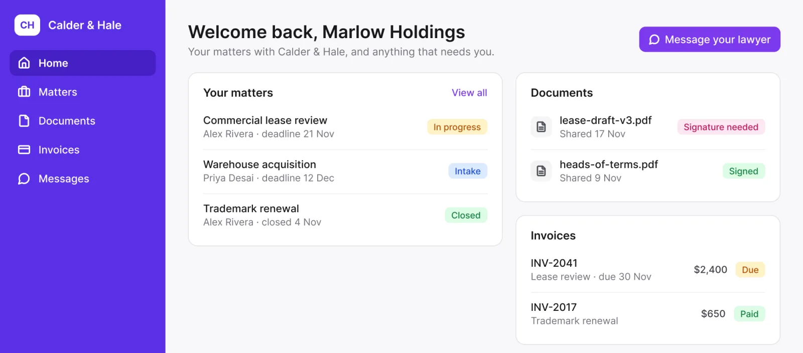A client portal for Calder & Hale built with Noloco, seen as the client: their matters with status and deadline, a document waiting for their signature, and invoices.