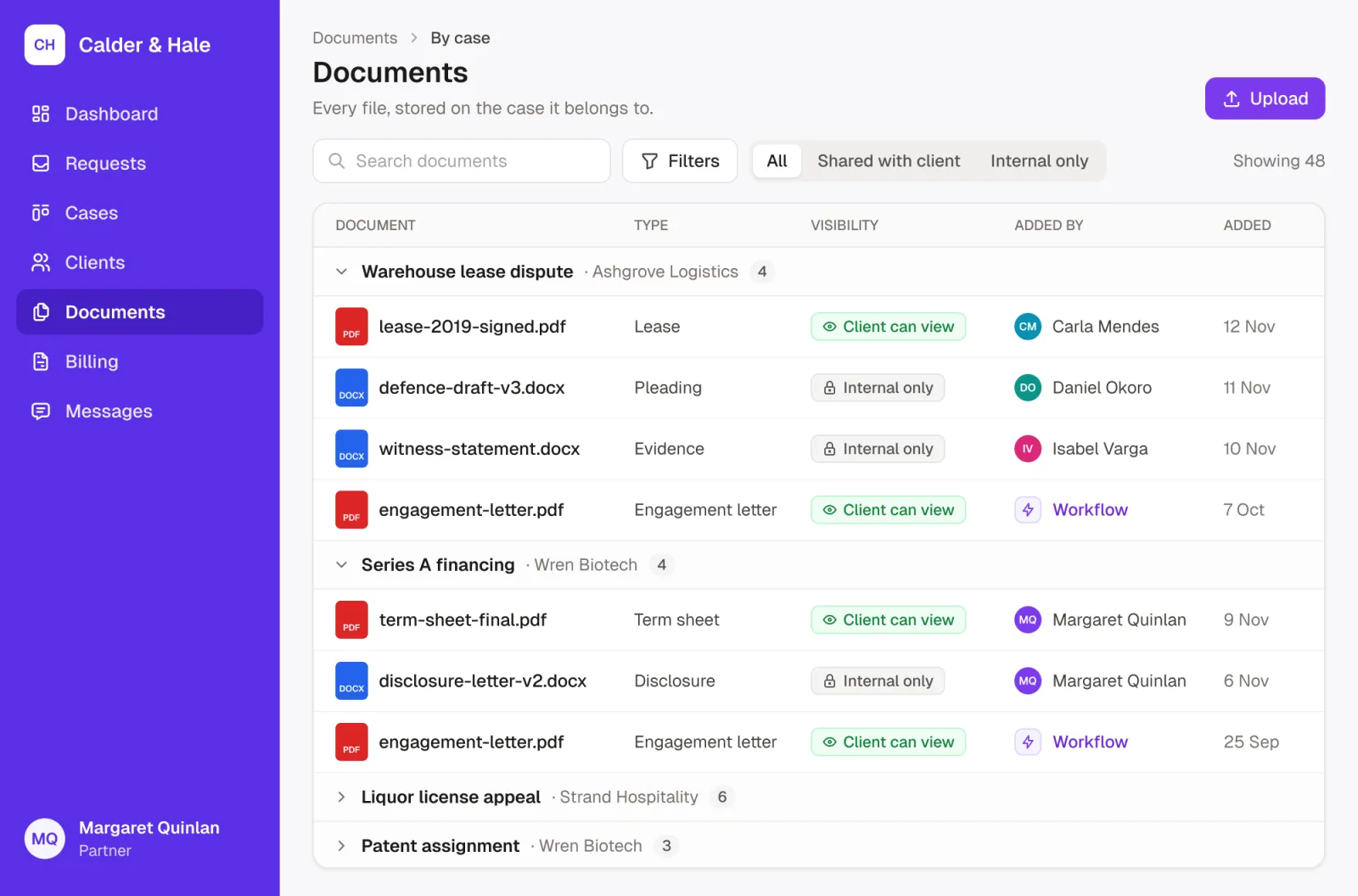 Documents in Calder & Hale's Noloco app, grouped by case: each file with its type, who added it and whether the client can view it or it's internal only, including engagement letters created by a workflow.