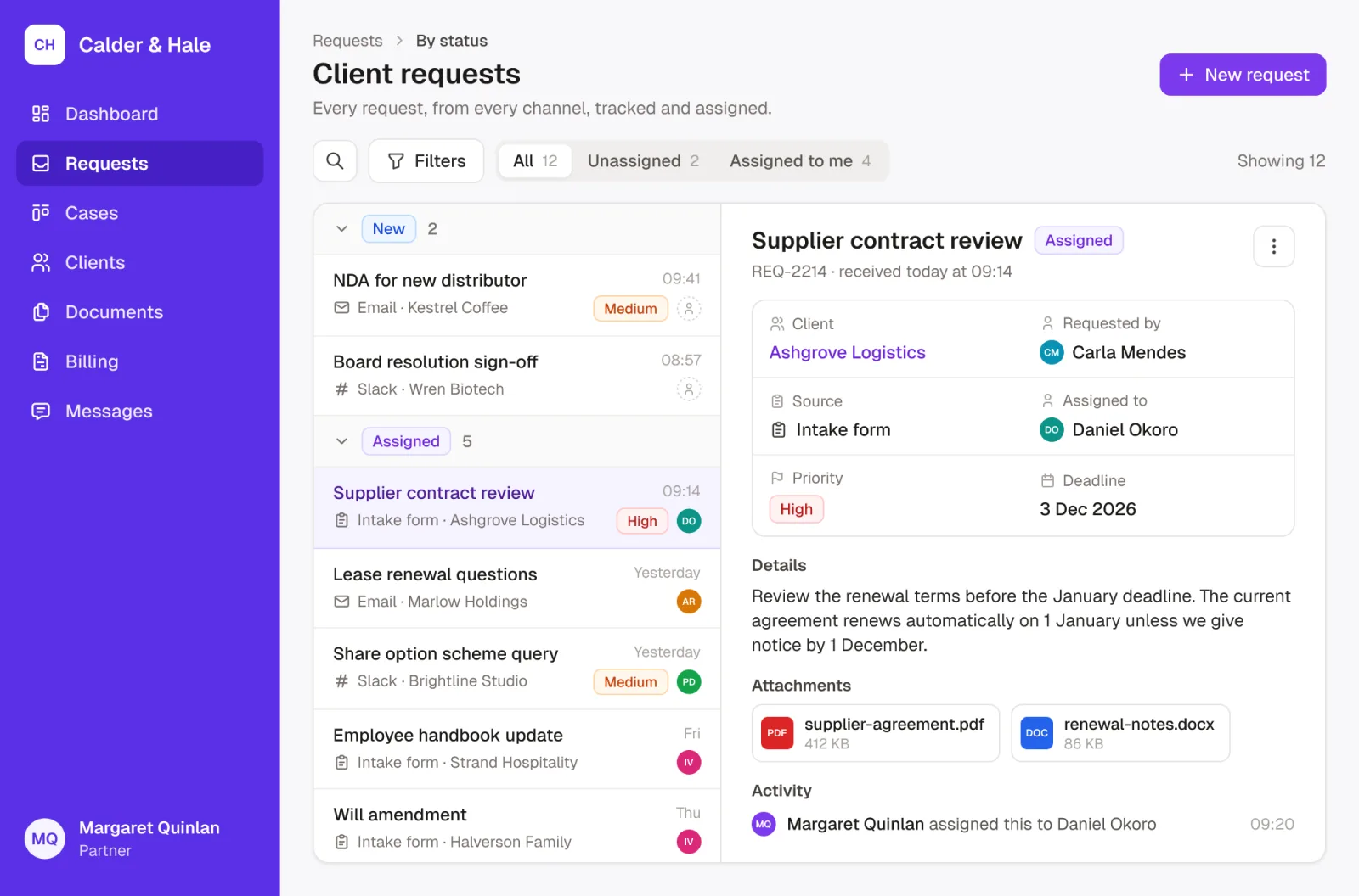 A Noloco app for Calder & Hale showing client requests in a split view: new and assigned requests from the intake form, email and Slack, each with its client and assignee, and one open with its source, priority, deadline, details and attachments.