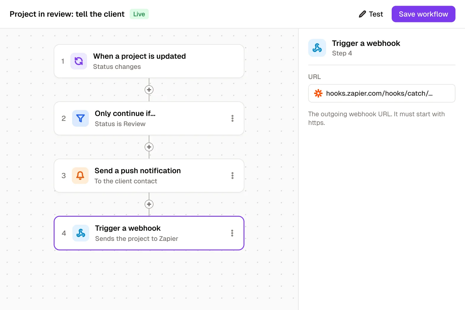 A Noloco workflow that runs when a project moves to Review: it sends the client a push notification, then triggers a Zapier webhook