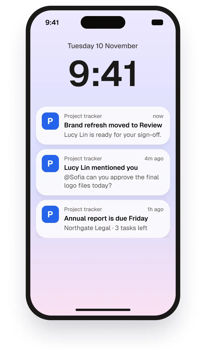 A phone lock screen with three Project tracker notifications: Brand refresh moved to Review, Lucy Lin mentioned you, and Annual report is due Friday