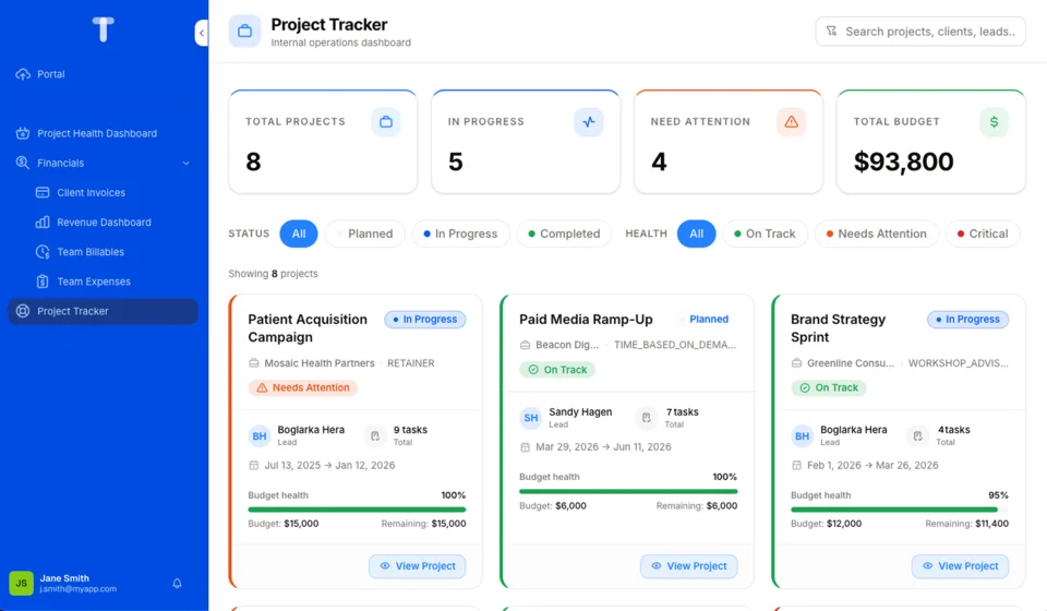 A project tracker for an internal operations team, with project cards showing status, health and budget