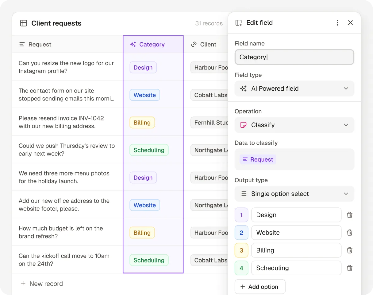 A Client requests table in Noloco with an AI powered Category field: the Classify operation sorts each request into Design, Website, Billing or Scheduling, the options set in the Edit field panel