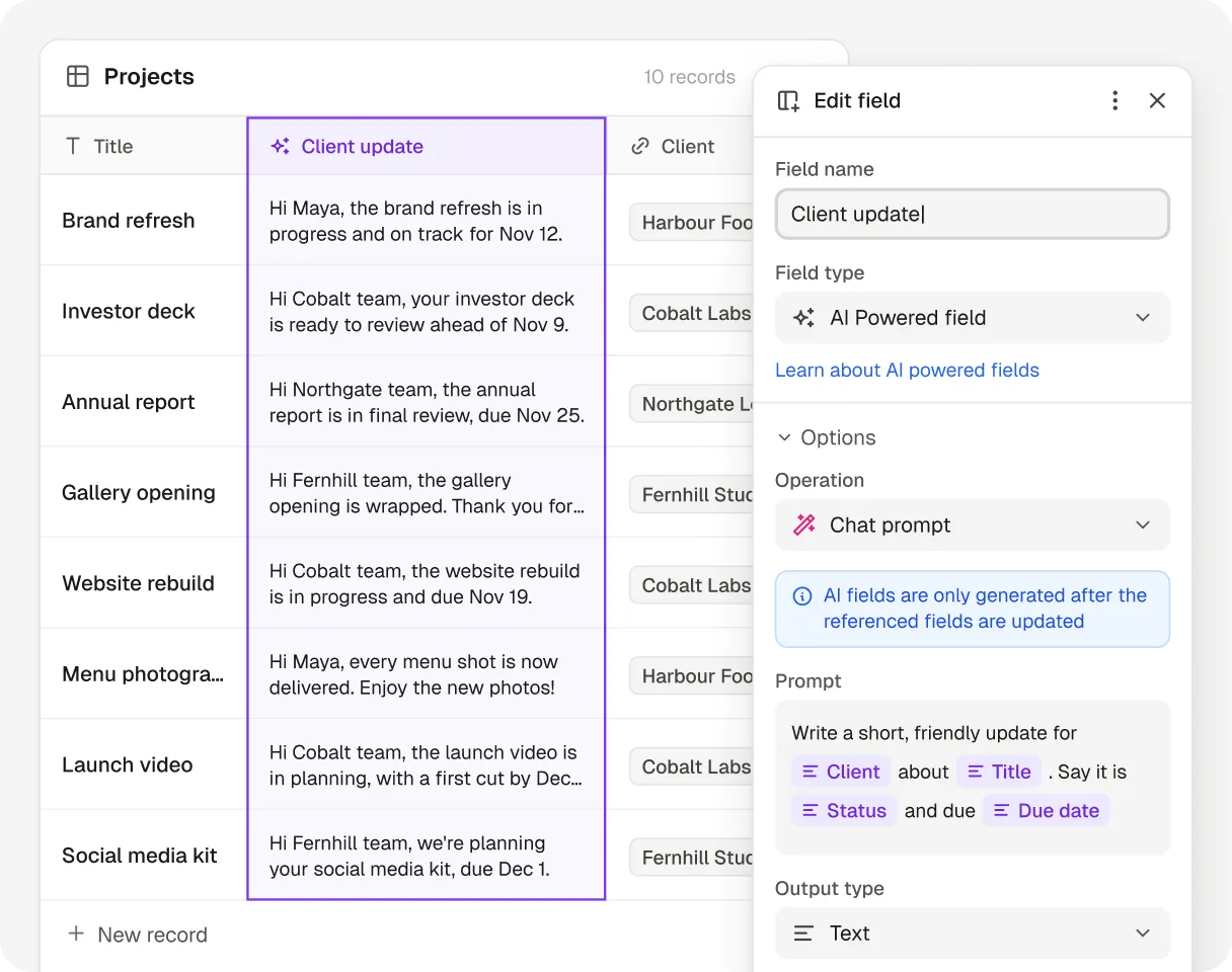 A Projects table in Noloco with an AI powered Client update field: a Chat prompt built from the Client, Title, Status and Due date fields writes a short, friendly update for each project