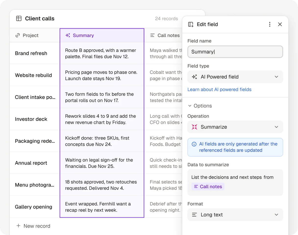 A Client calls table in Noloco with an AI powered Summary field: the Summarize operation turns each call’s notes into a two-line summary of decisions and next steps