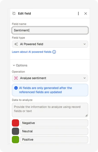 Editing a Sentiment field in Noloco: an AI powered field that analyzes record data and sorts each record into Negative, Neutral or Positive