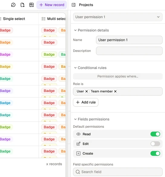 A Noloco permission rule with read, edit and create toggles for each field