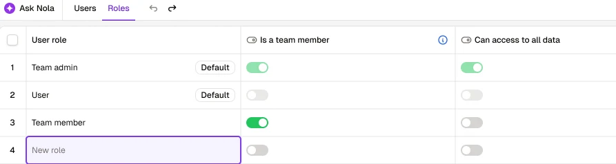 The Roles tab in Noloco: the default Team admin and User roles, a Team member role and a new role being added, each with its own access toggles