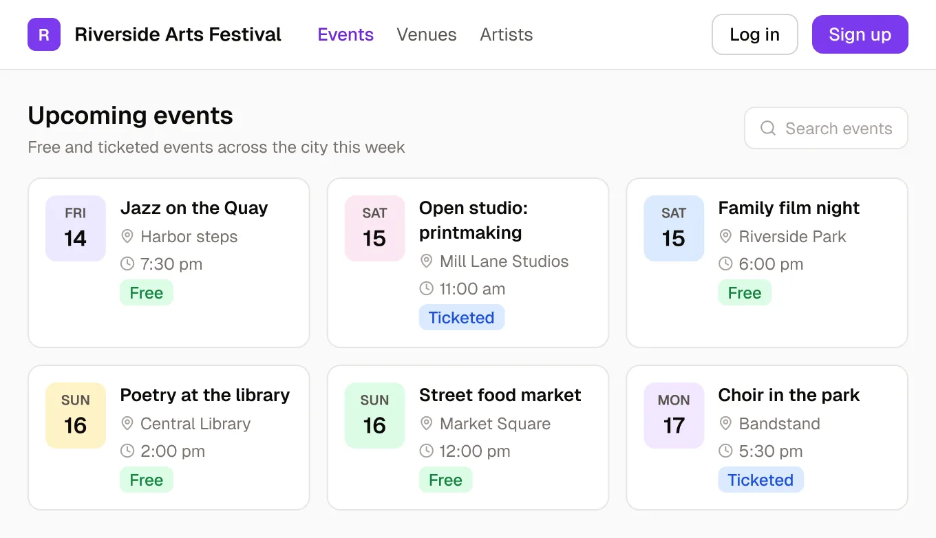 A public events page in a Noloco app, seen by a visitor who is not logged in: six upcoming events with dates, venues and times, and Log in and Sign up buttons in the top bar