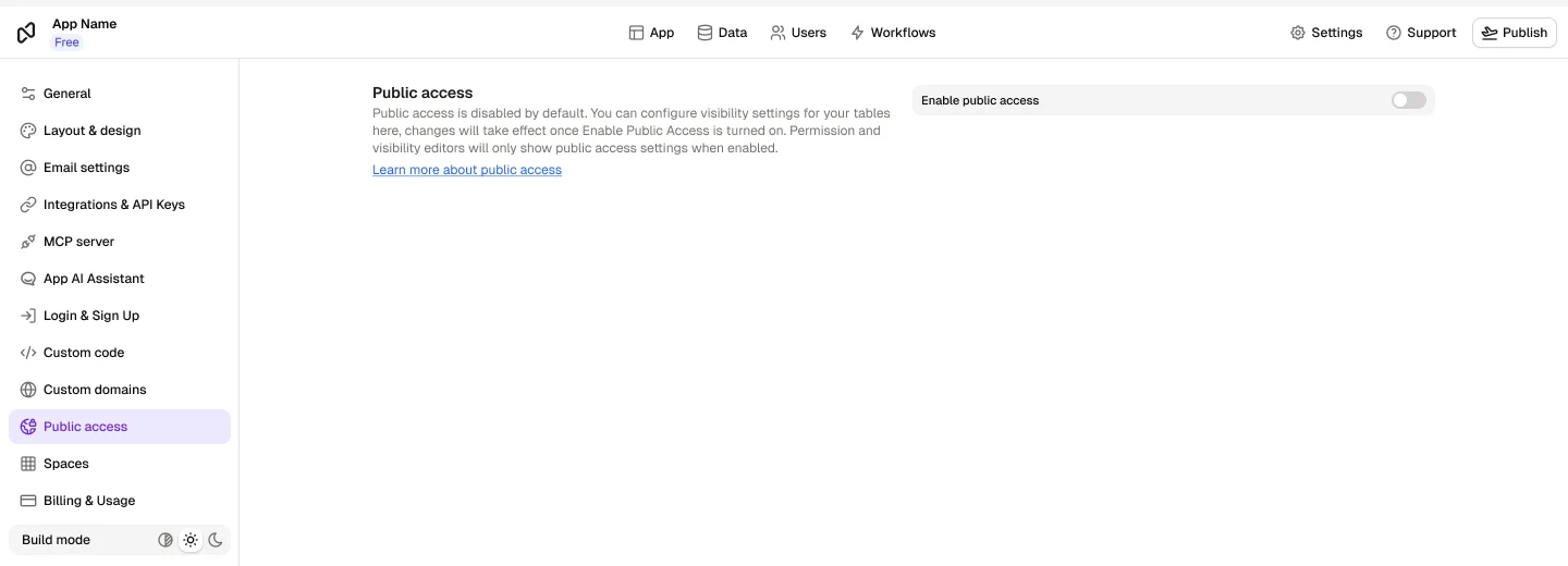 The Public access settings in Noloco, with the Enable public access toggle switched off by default