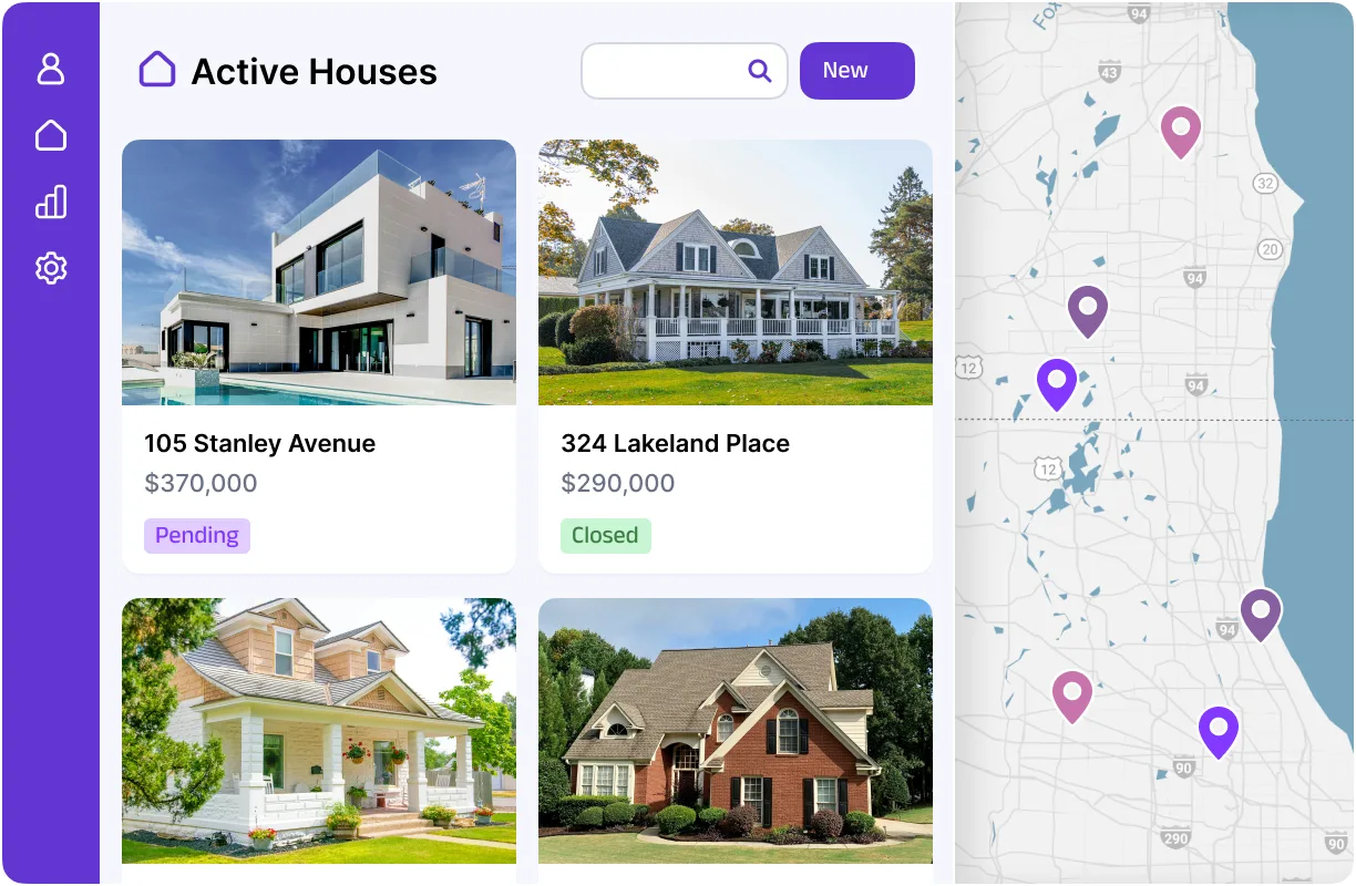 Active houses shown as cards with price and status, beside a map with a pin for each listing