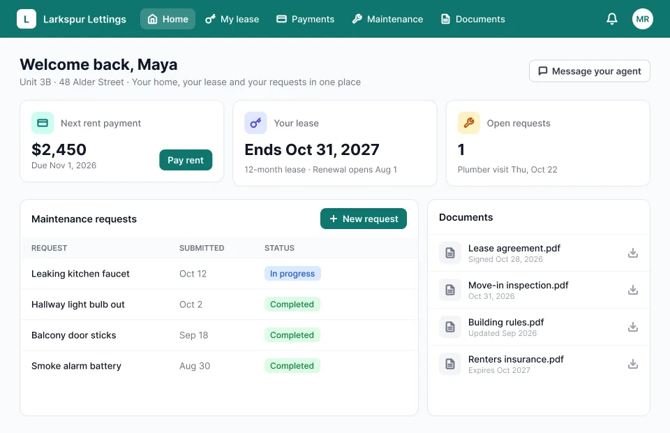 A tenant portal home with the next rent payment, lease dates, maintenance requests and their status, and lease documents to download