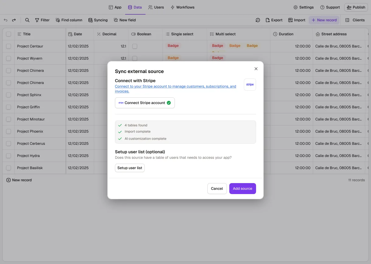 The Data tab in Noloco with the "Sync external source" dialog open: a Stripe account connected, and four tables found, imported and customized by AI.