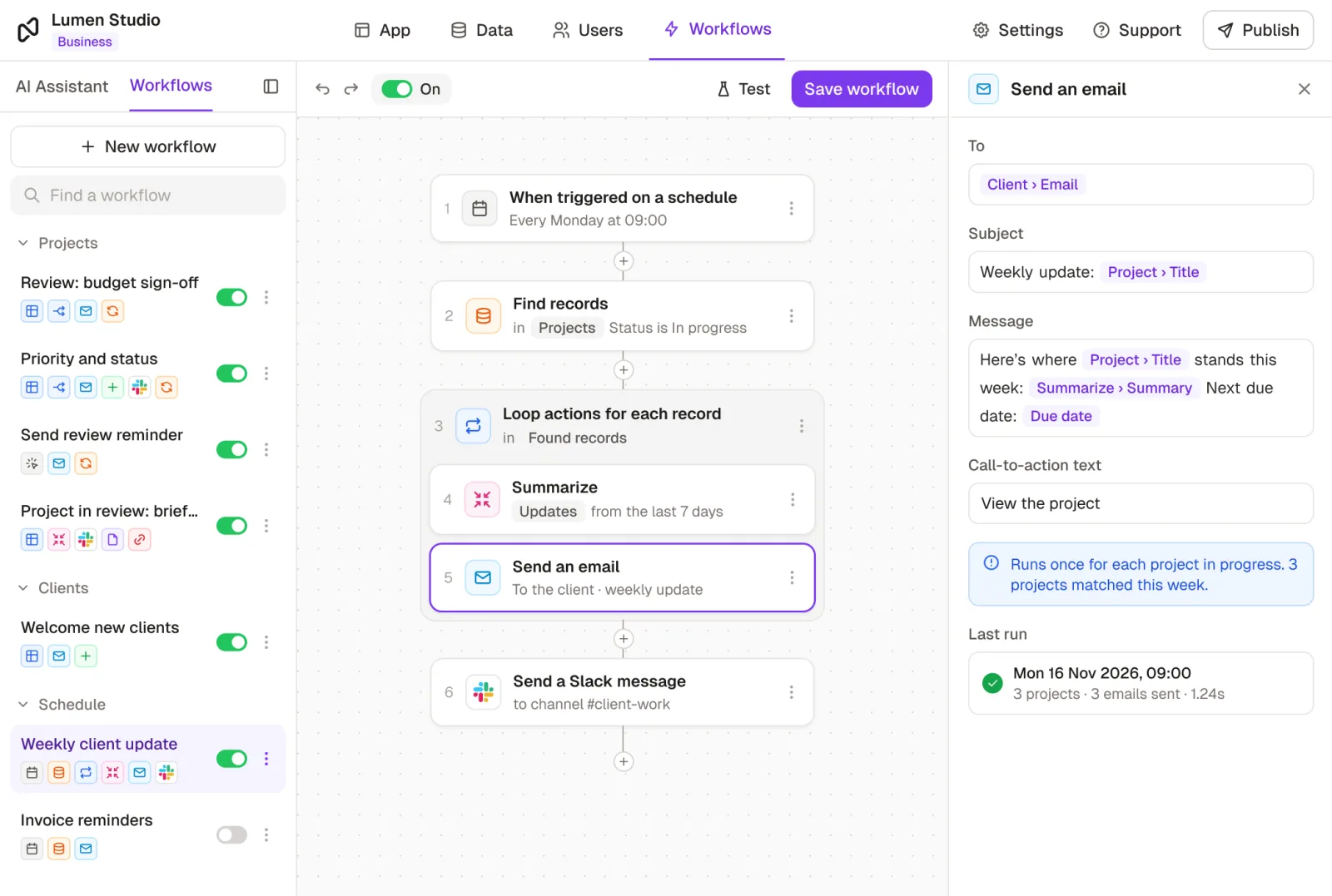 The Noloco workflow builder showing a "Weekly client update" workflow: every Monday at 09:00 it finds the projects in progress, then for each one summarizes the latest updates with AI and emails the client, and finally posts in Slack. The email step is open, with the AI summary mapped into the message, and the last run sent 3 emails.