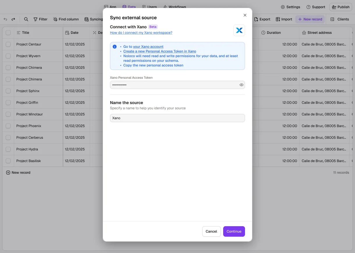 The Data tab in Noloco with the "Sync external source" dialog open to connect Xano: steps for creating a personal access token in Xano, the token field and the source name.