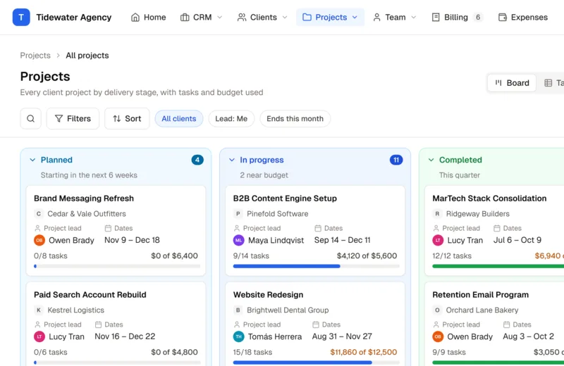The Agency Operating System template's projects on a board by stage, with each project's client, lead, dates and budget used
