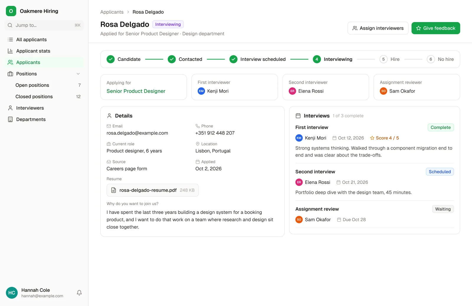 An applicant's record in the Applicant Tracking System template: their interview stage, the position, the assigned interviewers, their details and resume, and interview scores and notes