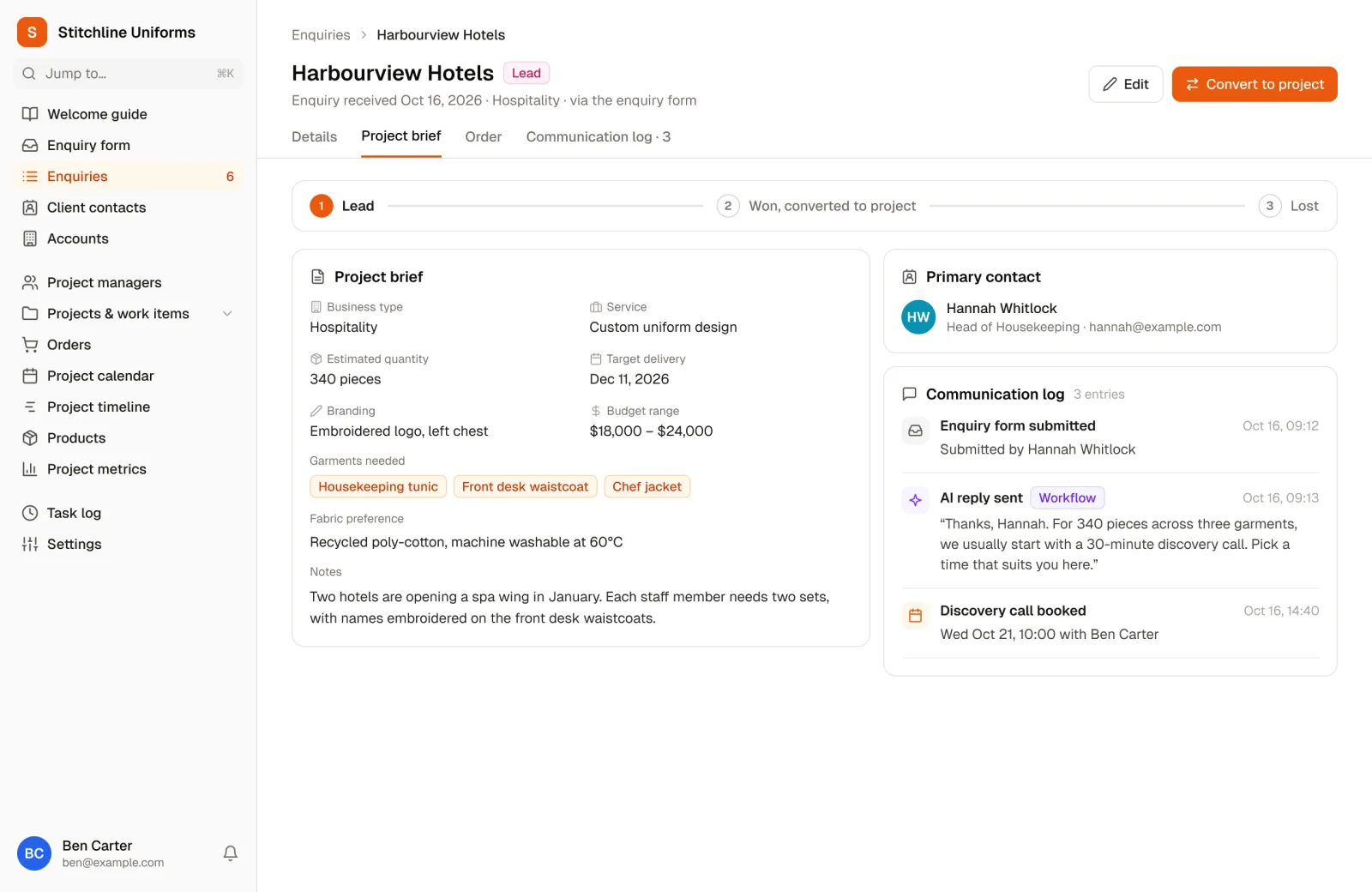 An inquiry's project brief in the Client Project Management Portal template, with a button to convert it to a project and a communication log showing an AI-drafted reply and a booked call