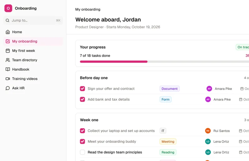 A new hire's onboarding checklist in the Employee Onboarding App template