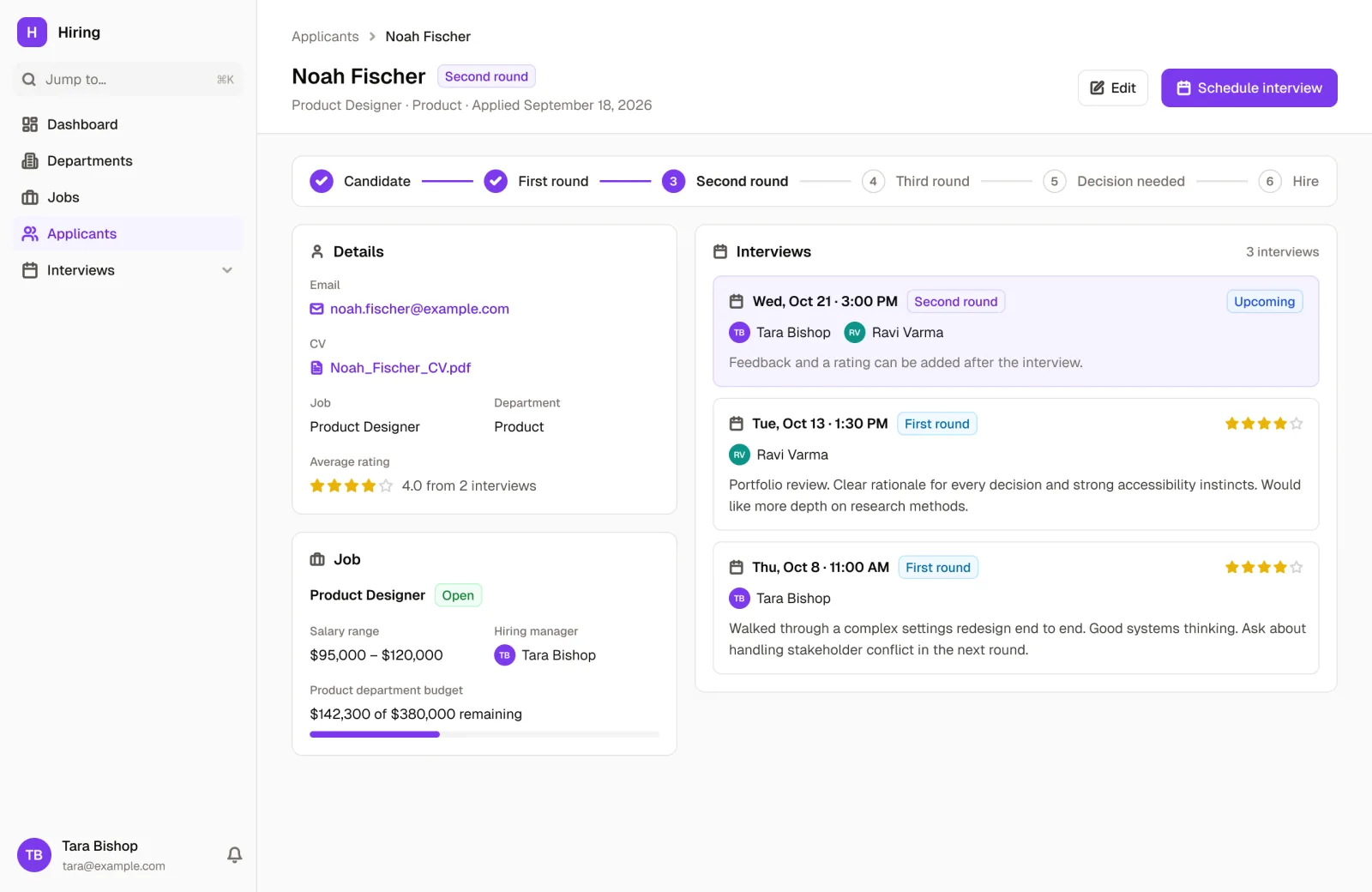 An applicant's record in the Hiring App template: interview stages, details, the job and its department budget, and interviews with ratings and feedback